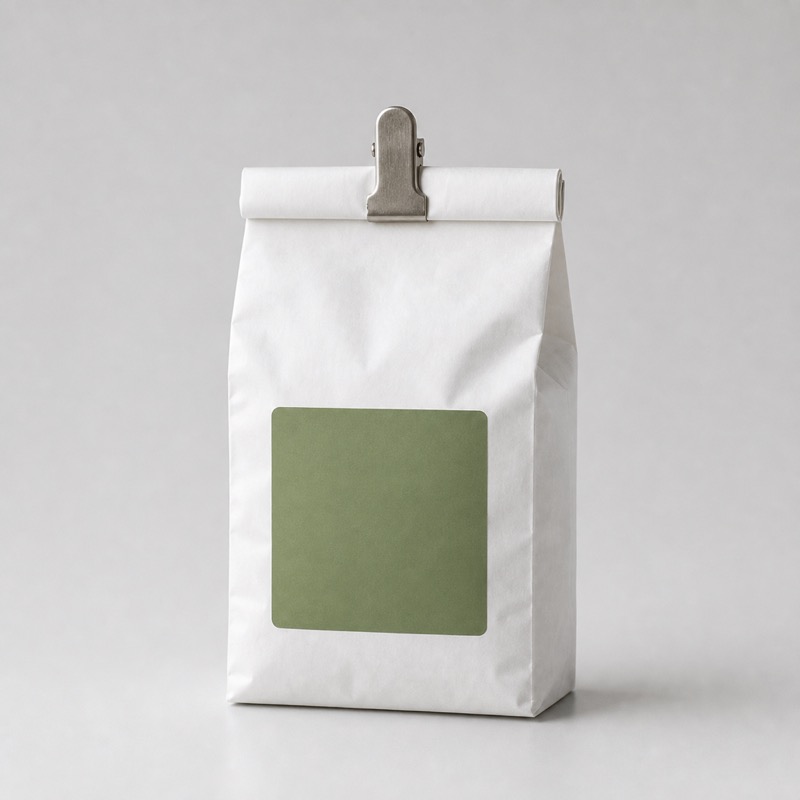 White paper coffee bag with a green label, standing upright with the top rolled and clipped