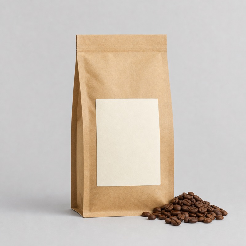 Brown kraft paper coffee bag with a cream label, next to a small pile of roasted beans