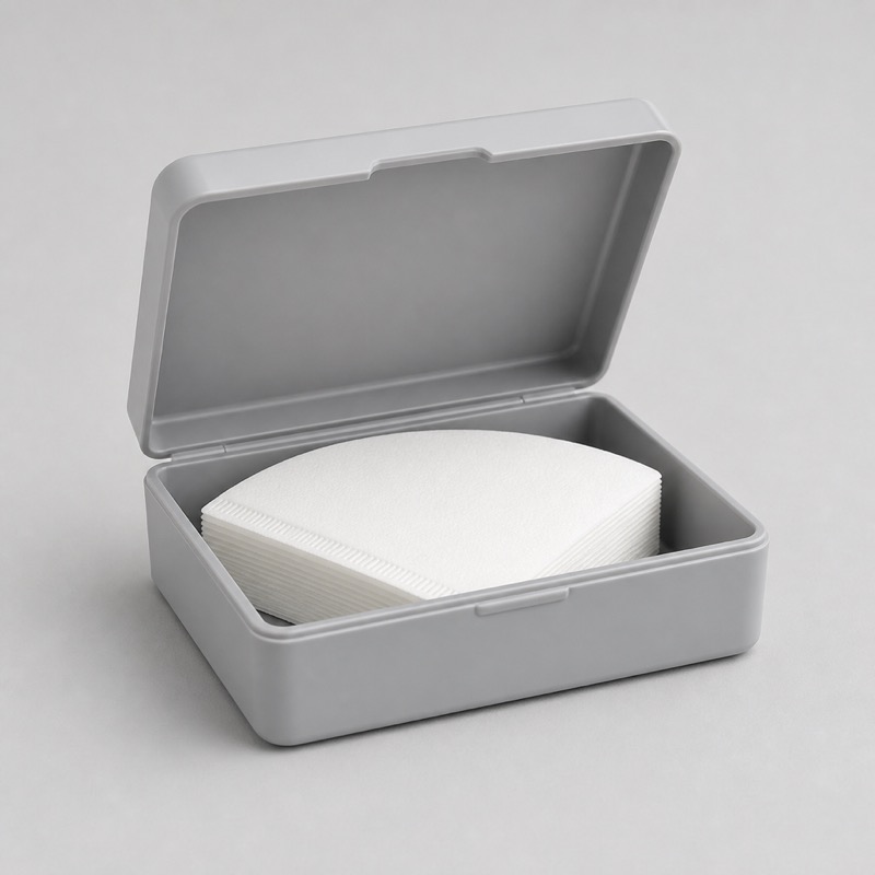 Hinged storage case with its lid open, holding a stack of cone filters