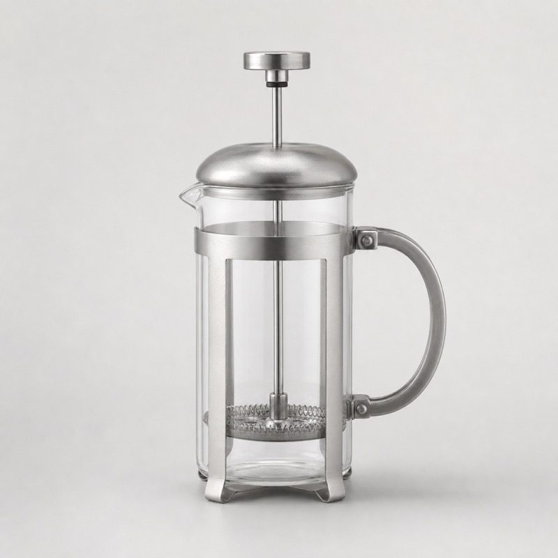 Small glass cafetiere in a steel frame with the plunger raised, empty