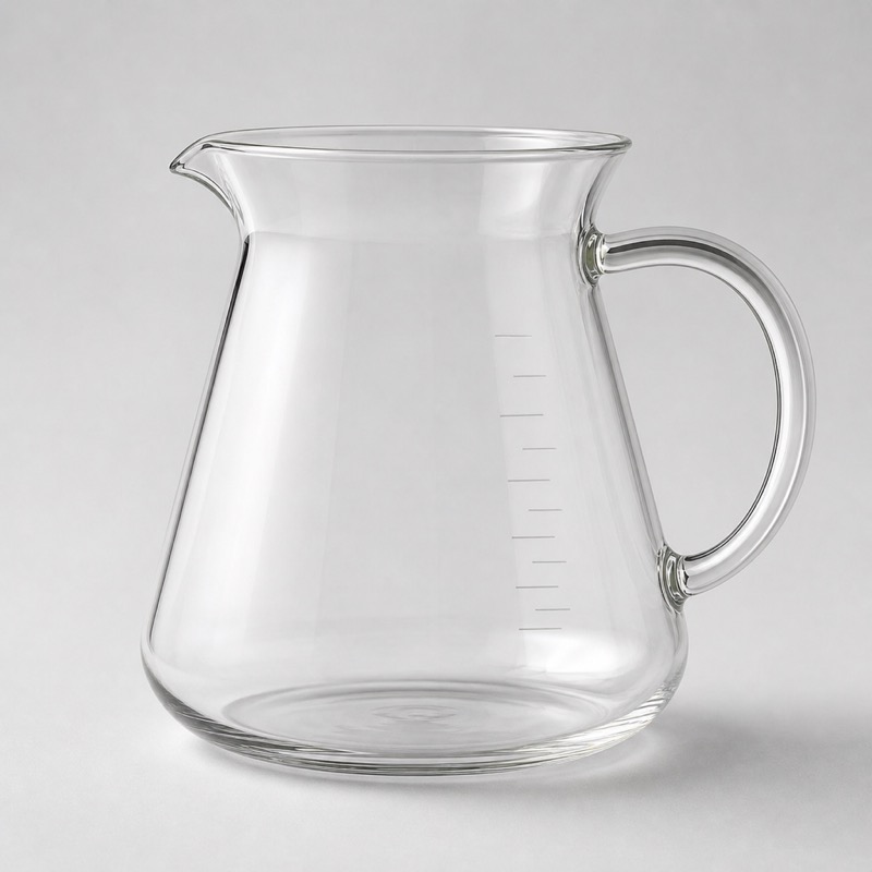 Clear glass coffee server with an integrated handle and etched measuring marks, empty