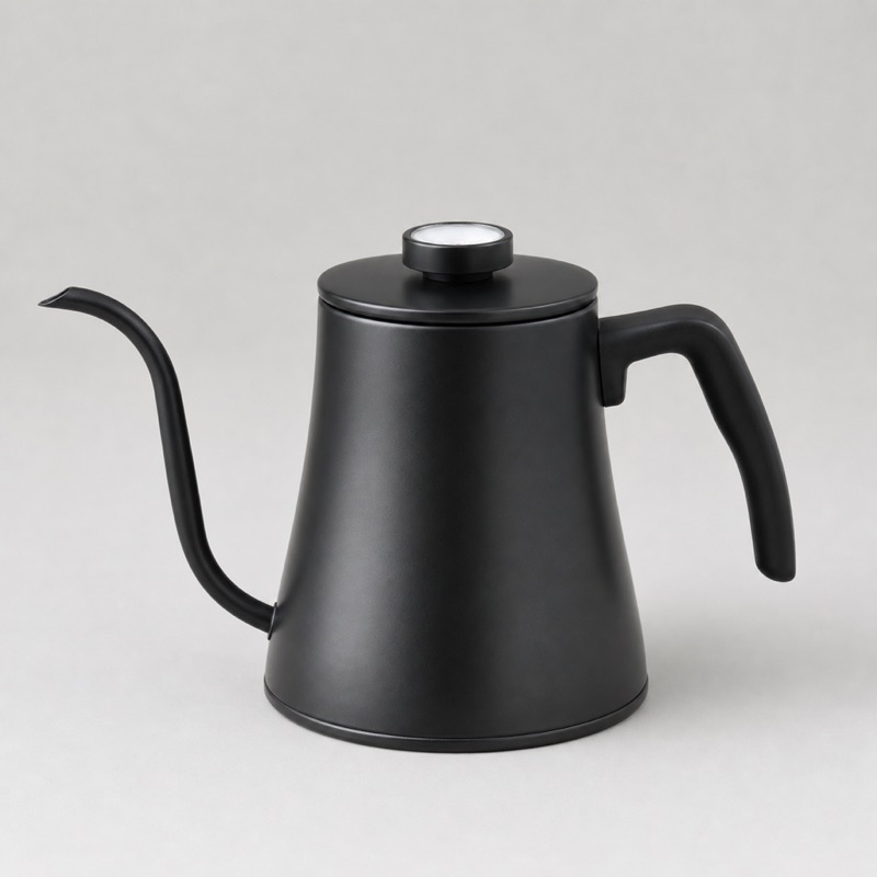 Black gooseneck kettle with a thermometer set into the lid