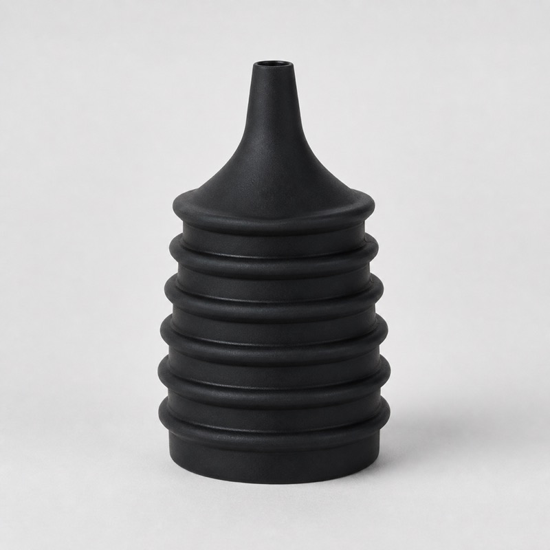 Black silicone bellows with a ribbed body and a tapered nozzle, standing upright