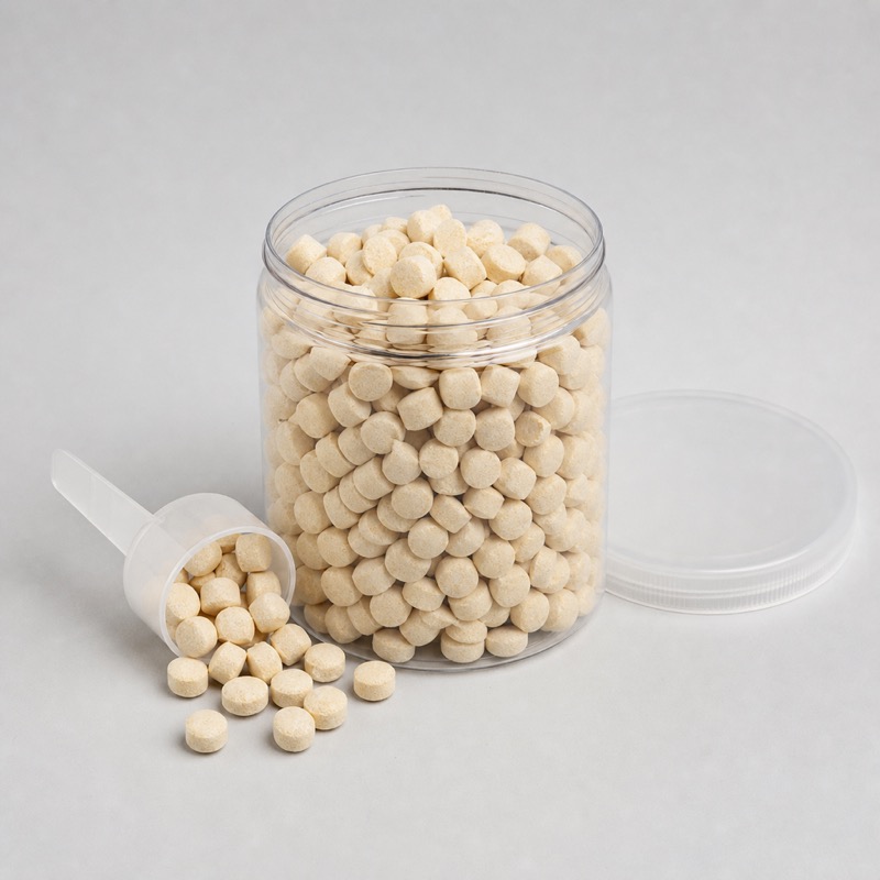 Clear tub of pale cream cleaning pellets with a scoop of pellets tipped out beside it