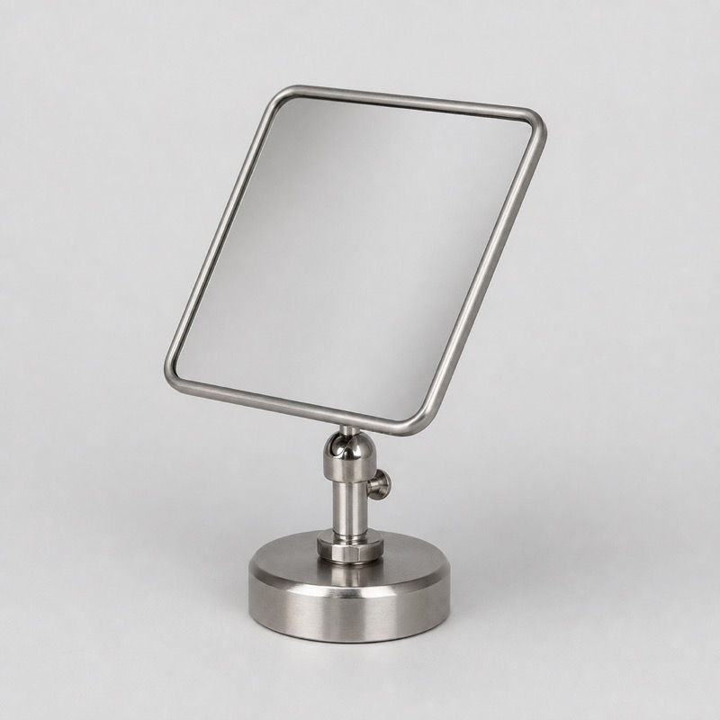 Small rectangular mirror in a steel frame on a magnetic foot, tilted upward