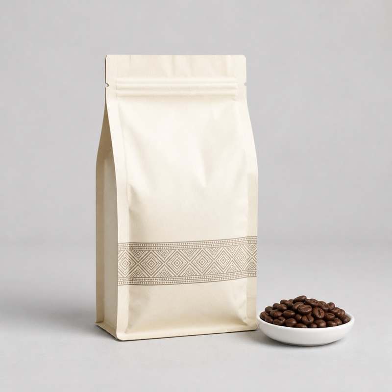 Cream paper coffee bag with a printed band, a small ceramic dish of roasted beans beside it