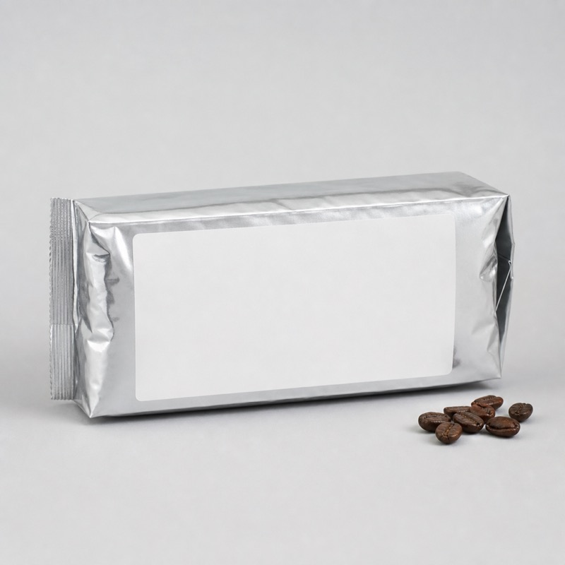 Large silver foil coffee bag lying on its side with a plain label facing the camera