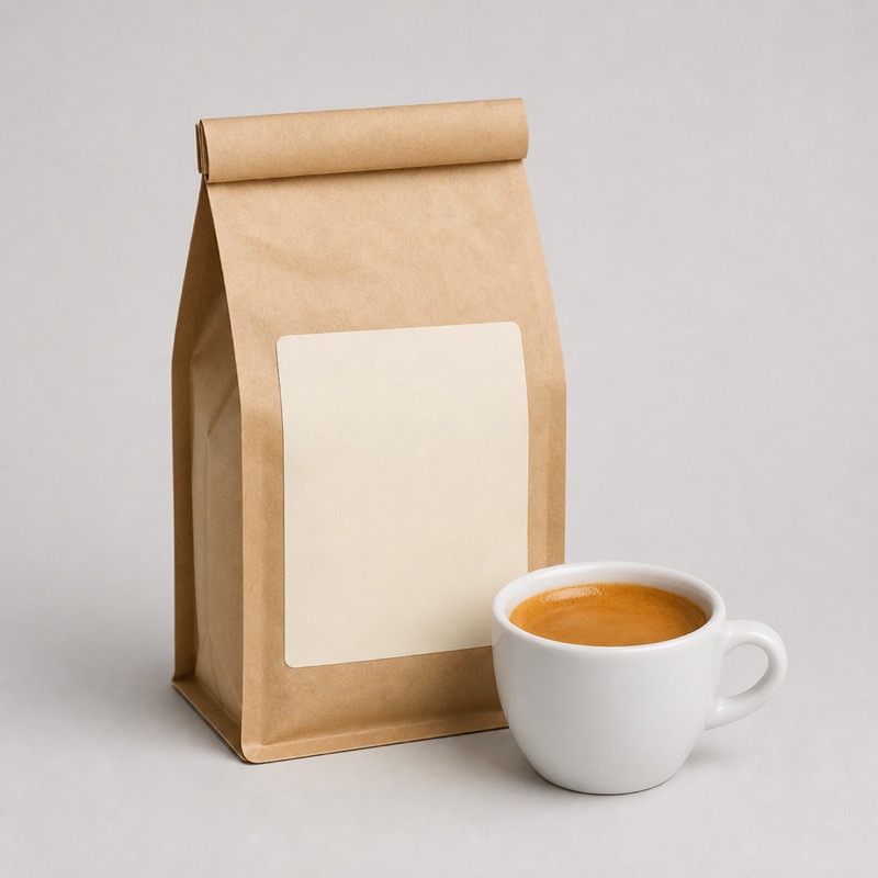 Dark labelled coffee bag next to a small white cup of espresso with a thick crema