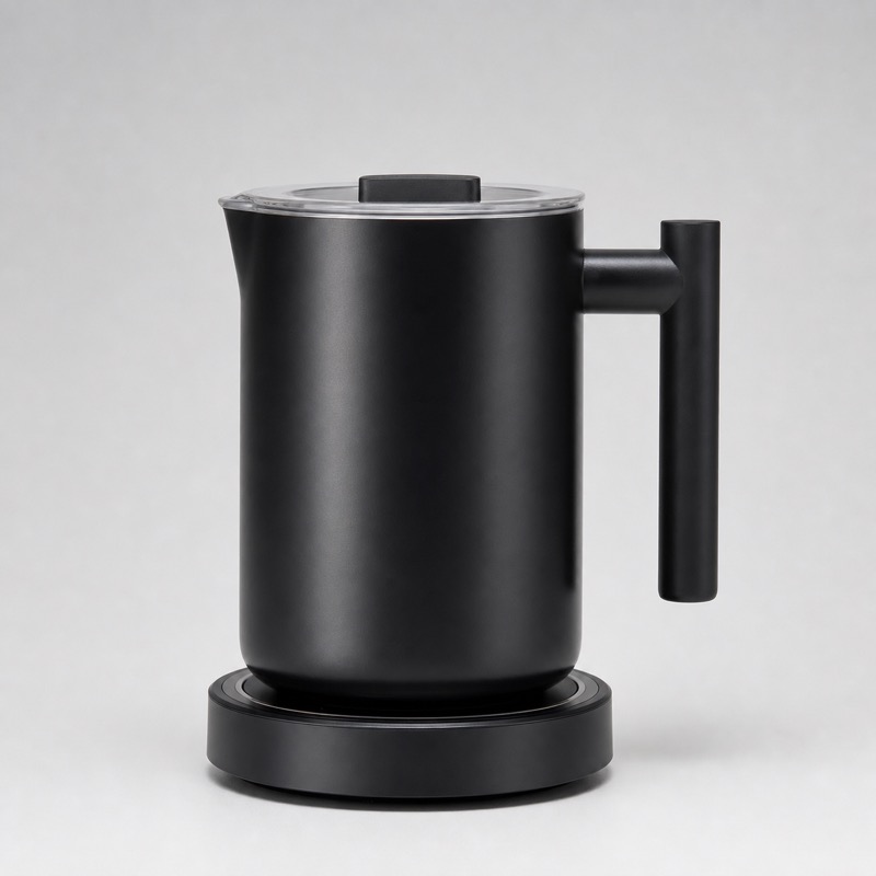 Black milk frother jug sitting on its induction base with the lid closed