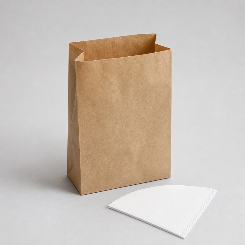 Small brown kraft bag of ground coffee open at the top with a paper cone filter folded beside it