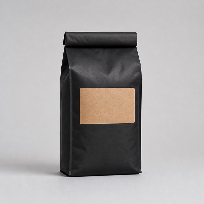 Matte black foil coffee bag with a kraft label, seen from the front with the top folded down