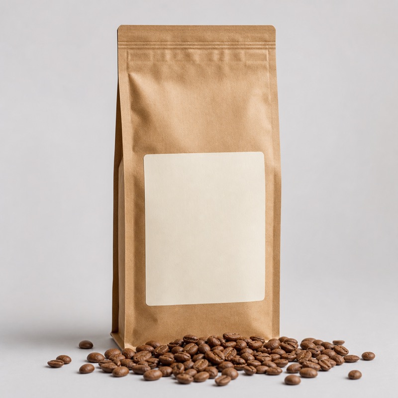 Brown kraft coffee bag with a cream label standing beside a scatter of light-roasted beans