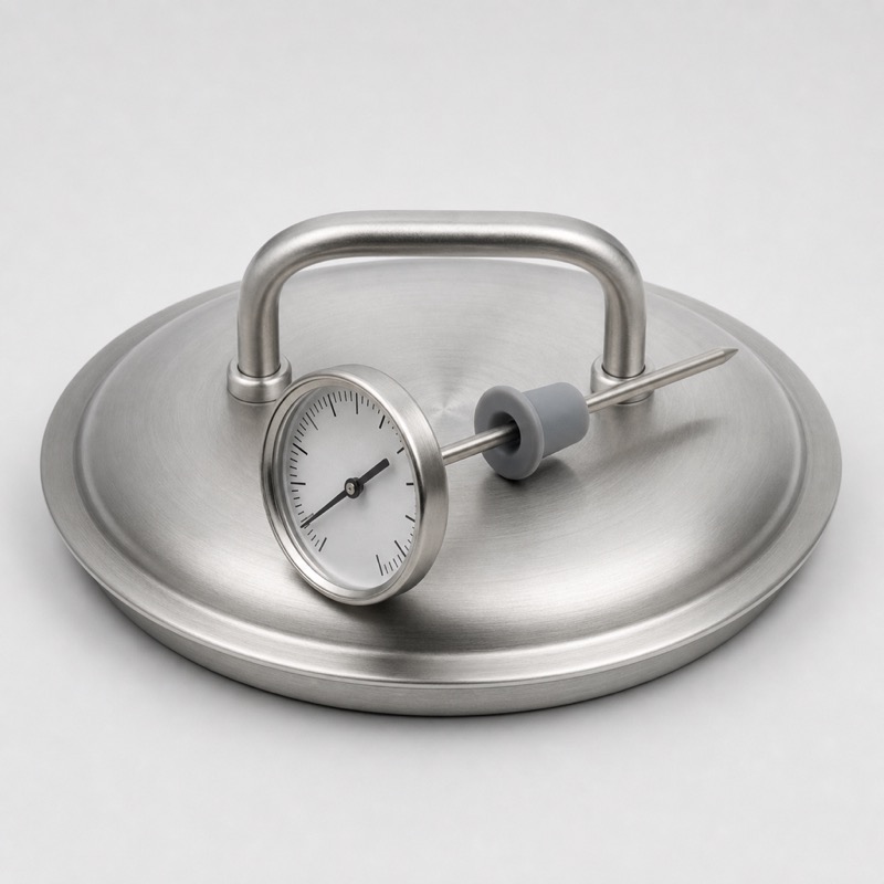 Small round stainless steel thermometer with a probe stem and a silicone bung resting on a kettle lid
