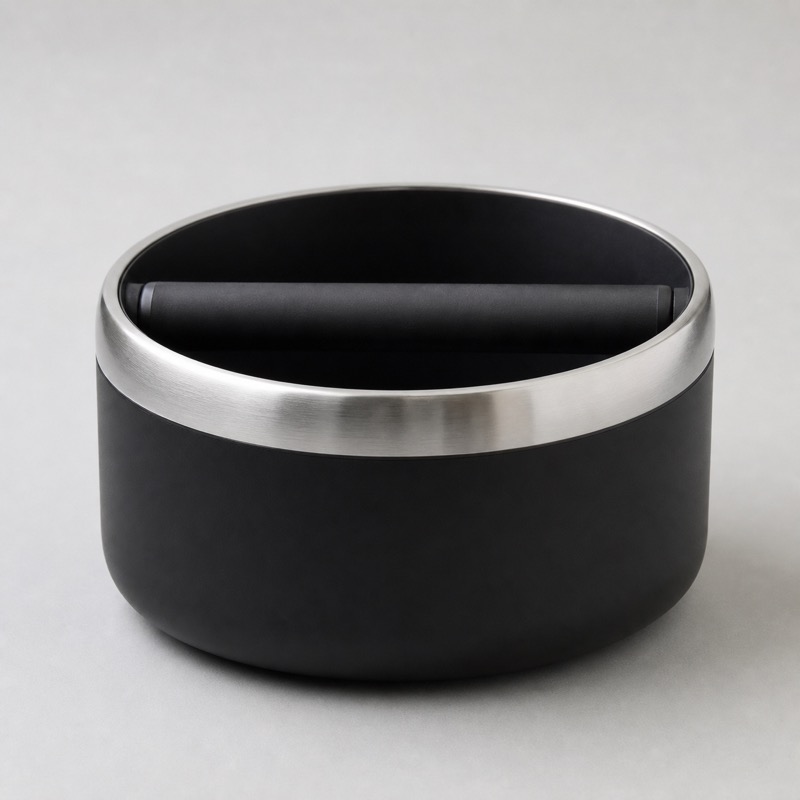 Round black knock box with a steel rim and a rubber-collared knock bar across the top