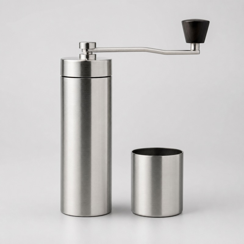 Tall brushed steel hand grinder with a long crank arm and a magnetic catch cup detached beside it