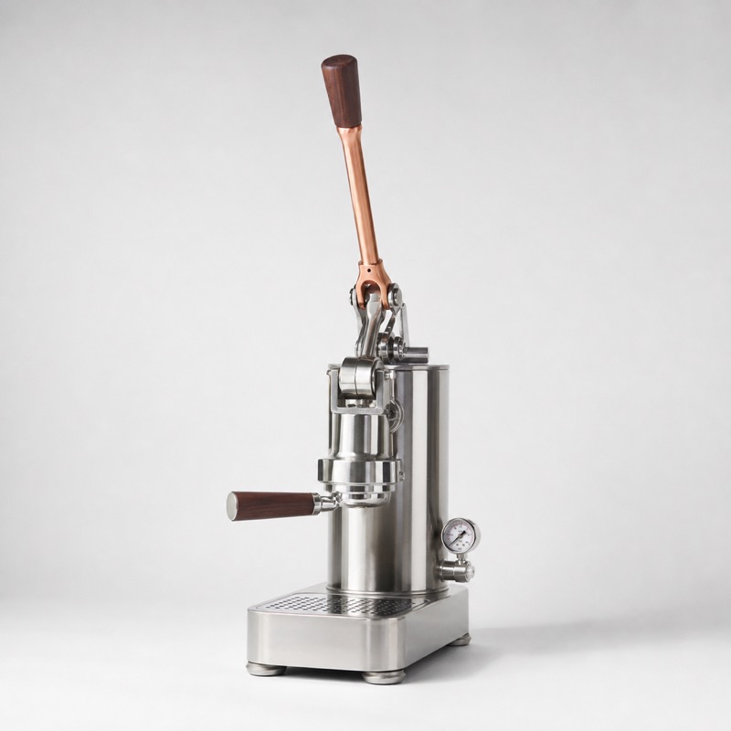 Stainless espresso machine with a tall copper-toned lever arm raised above the group head