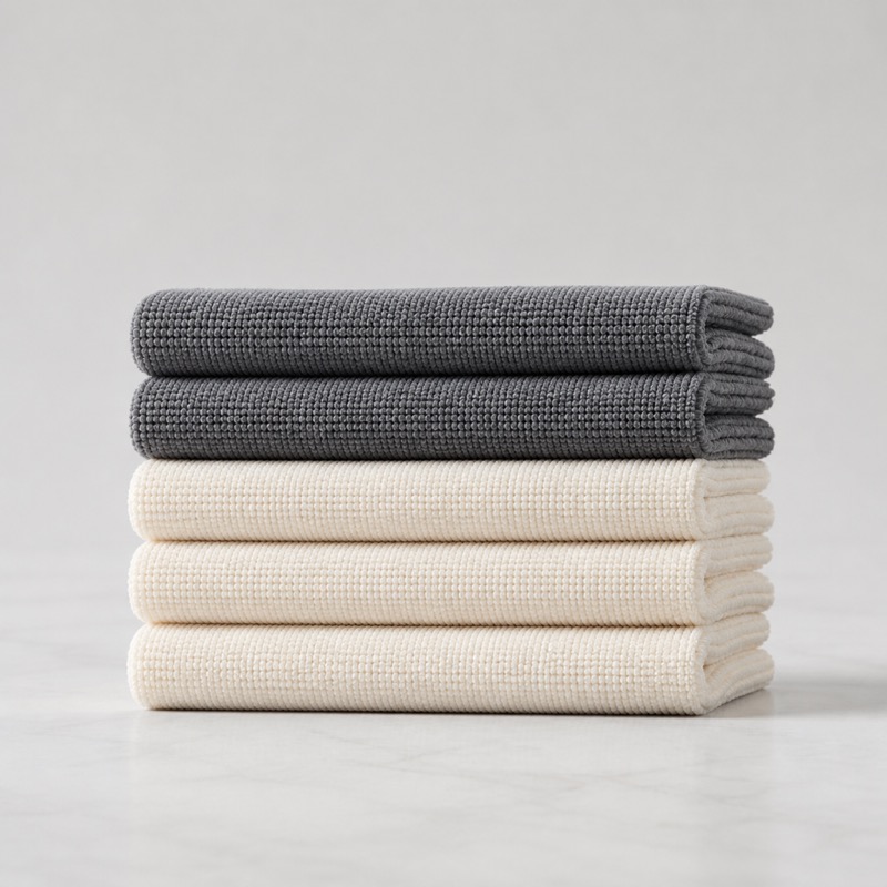 Five folded microfibre cloths, two dark grey and three pale, in a stack