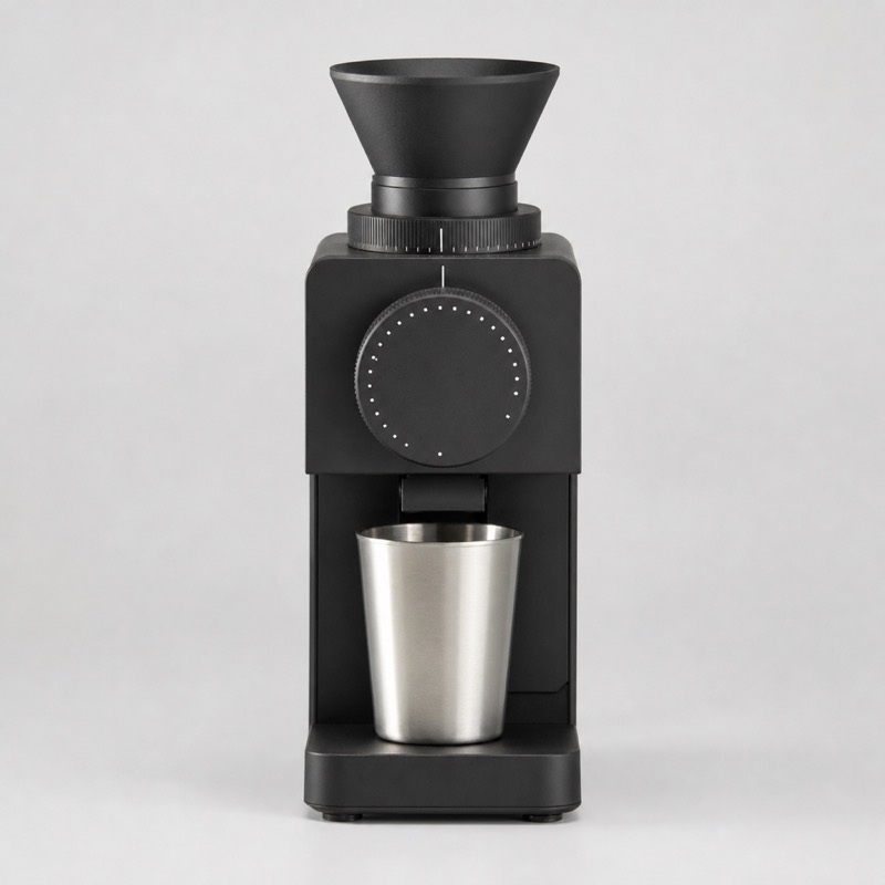 Compact matt black electric grinder with a single dosing funnel on top and a metal cup at the chute