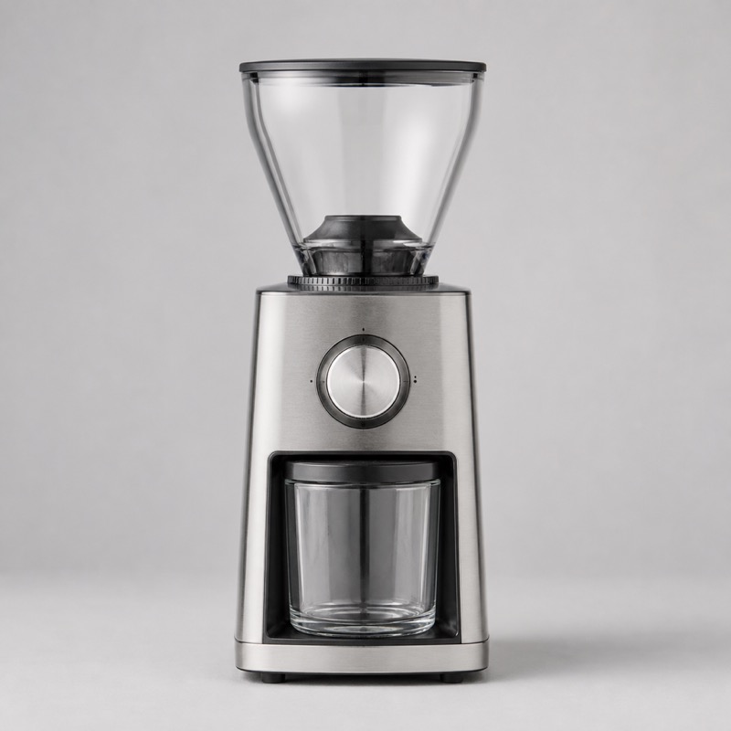 Silver electric coffee grinder with a glass grounds bin