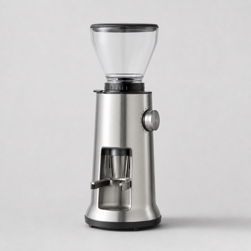 Tall brushed steel electric grinder with a small hopper, a dial on the side and a forked cradle at the chute