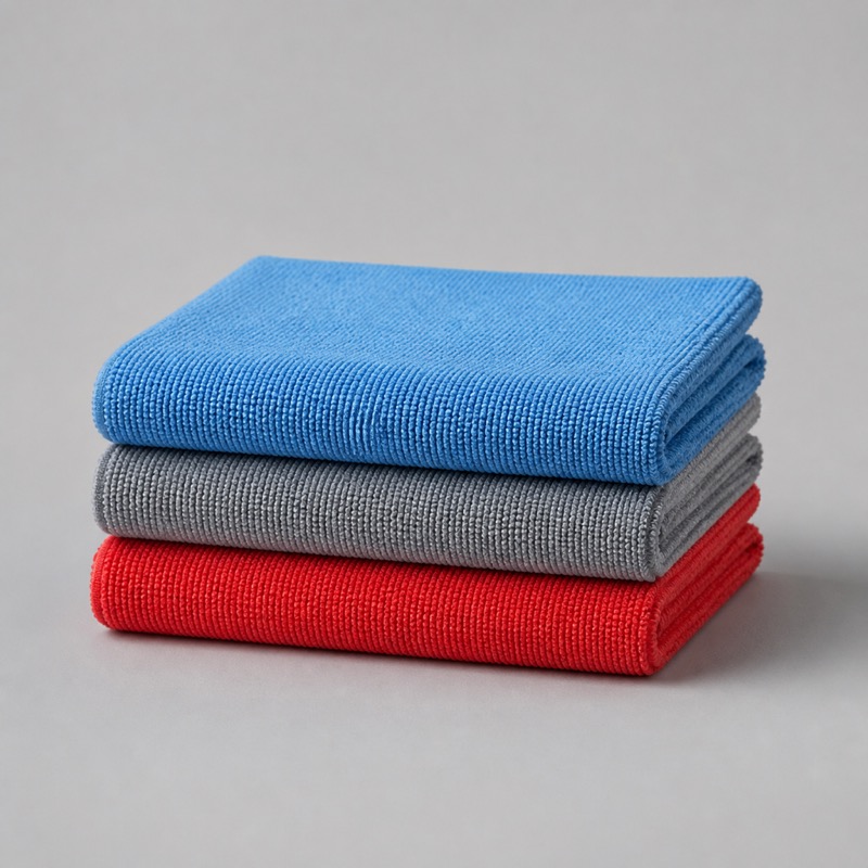 Three folded microfibre cloths in blue, grey and red stacked in a short pile