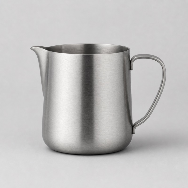 Brushed steel milk pitcher with a narrow pouring spout, seen from the side