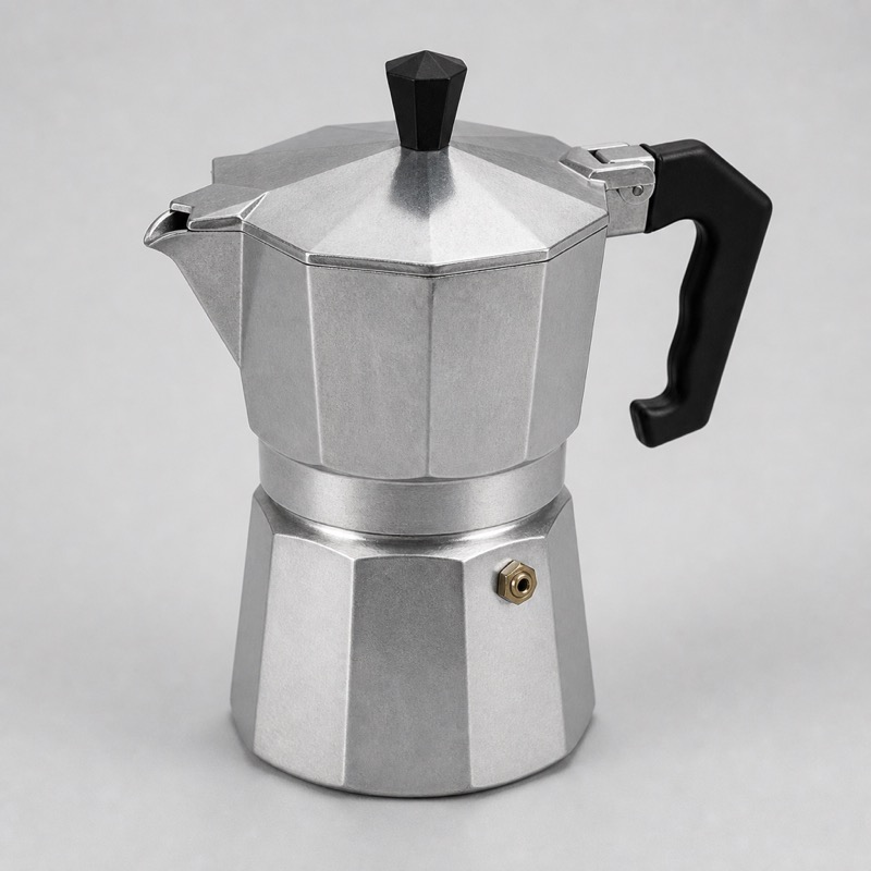 Octagonal silver stovetop moka pot with a black handle, lid closed