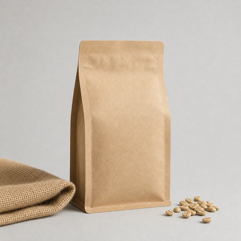 Kraft coffee bag standing upright beside a folded jute sack and a few loose beans