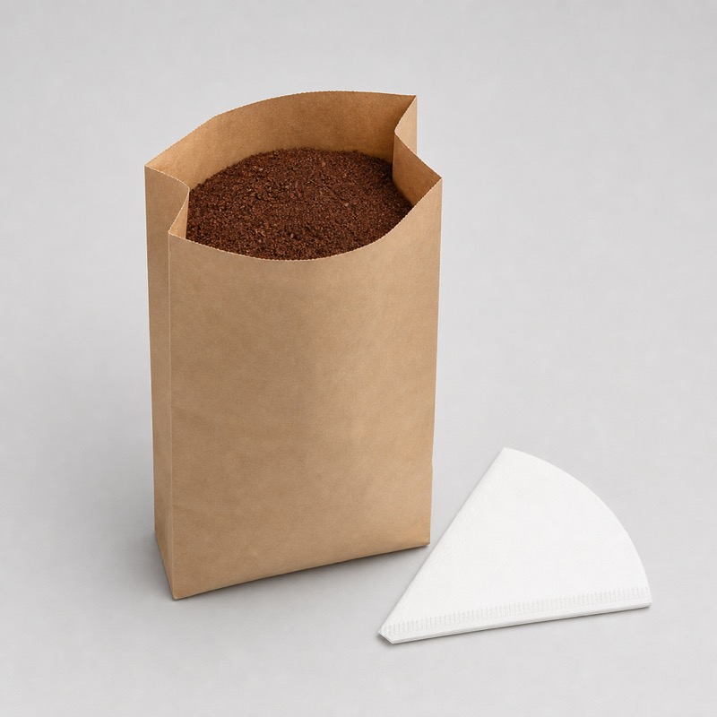 Open coffee bag showing ground coffee, with a paper cone filter folded beside it