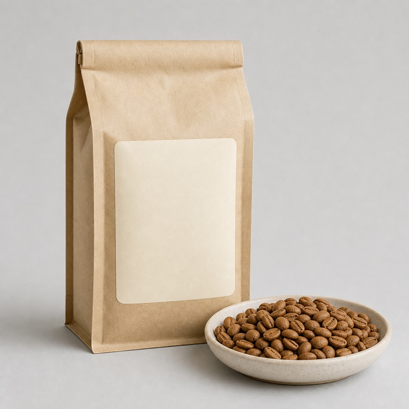 Pale kraft coffee bag with a cream label beside a shallow dish of light roasted beans