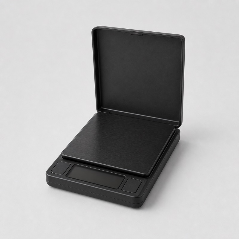 Black pocket coffee scale with its folding lid propped open above the display