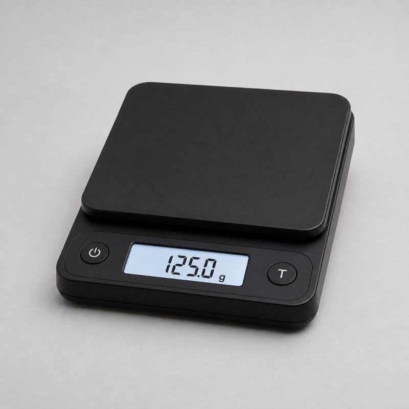 Small rectangular black kitchen scale with a lit display showing a weight