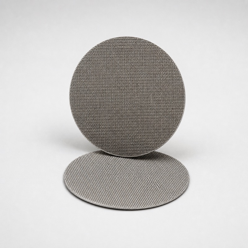 Two round stainless mesh screens with a fine perforated surface