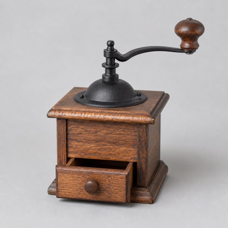 Wooden box coffee grinder with a black metal crank and an open drawer