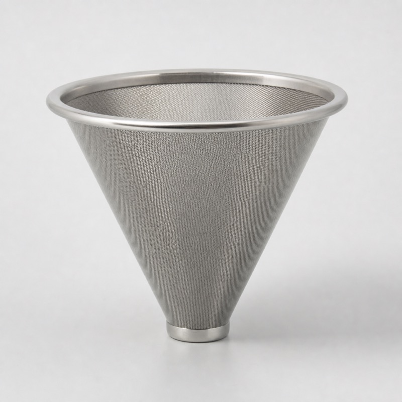 Fine stainless steel mesh cone filter with a rolled rim, standing upright