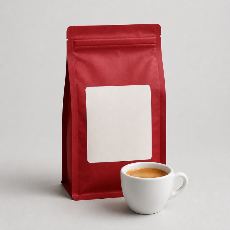 Deep red coffee bag with a small espresso cup of coffee standing in front of it