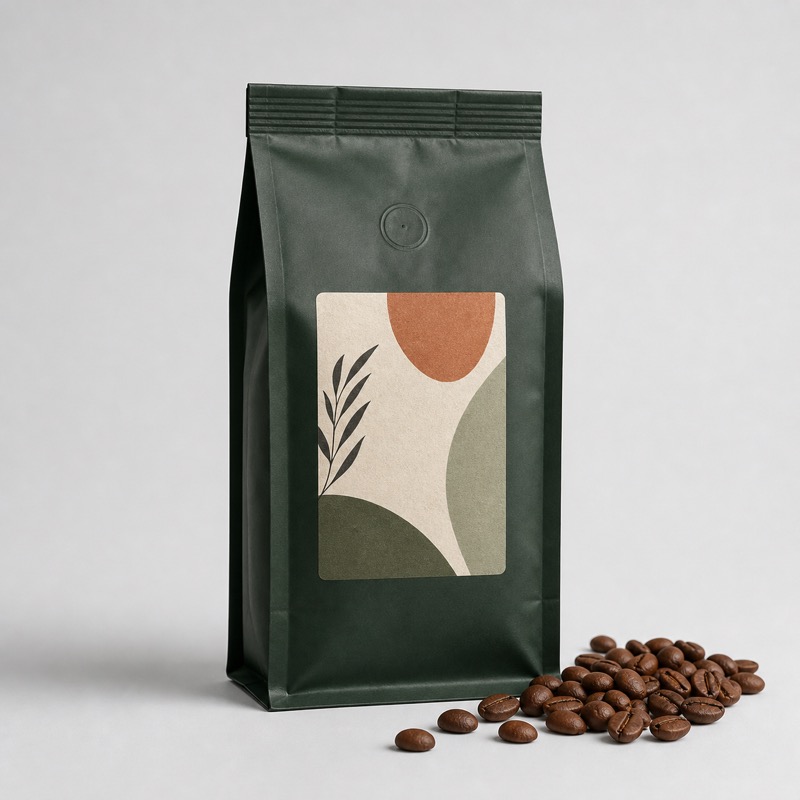 Dark green coffee bag with a printed estate label next to scattered roasted beans