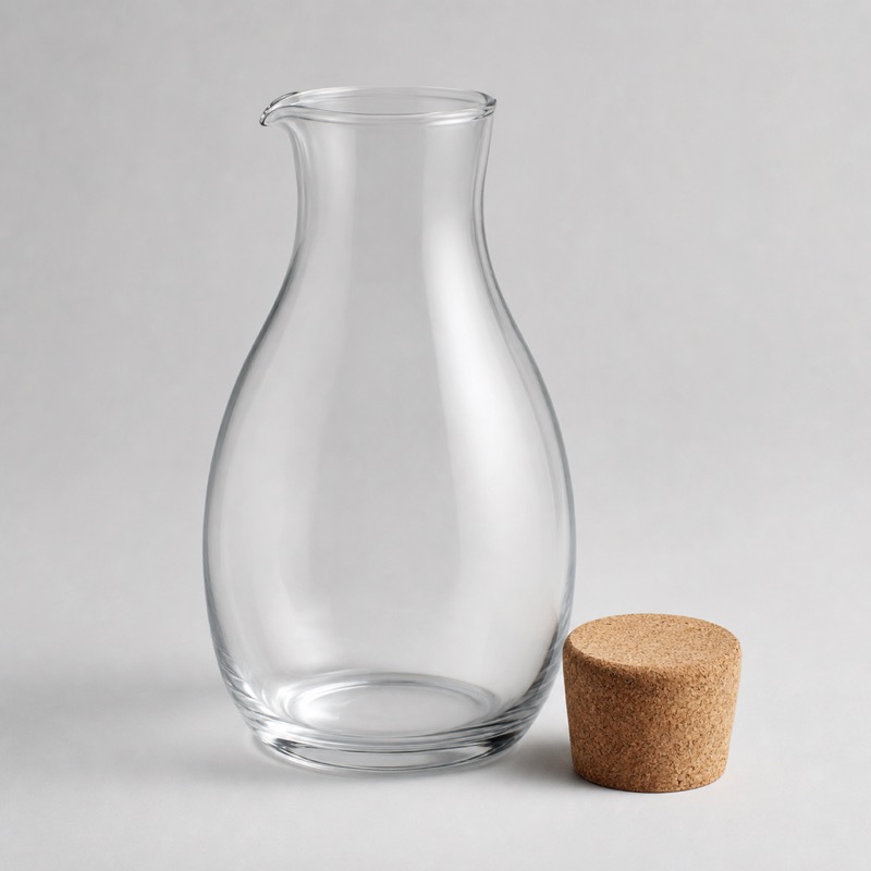 Clear glass carafe with a rolled pouring lip and a cork lid beside it