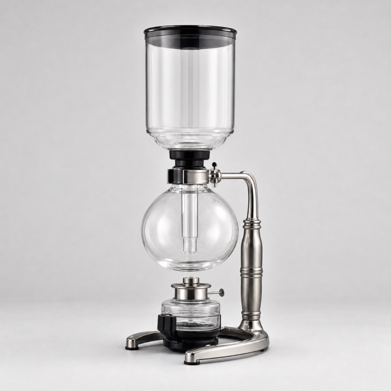 Two-chamber glass siphon brewer standing on its metal stand above a burner