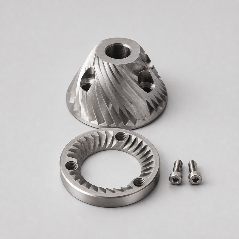 Conical steel grinder burr set with a retaining ring and two small screws laid beside it
