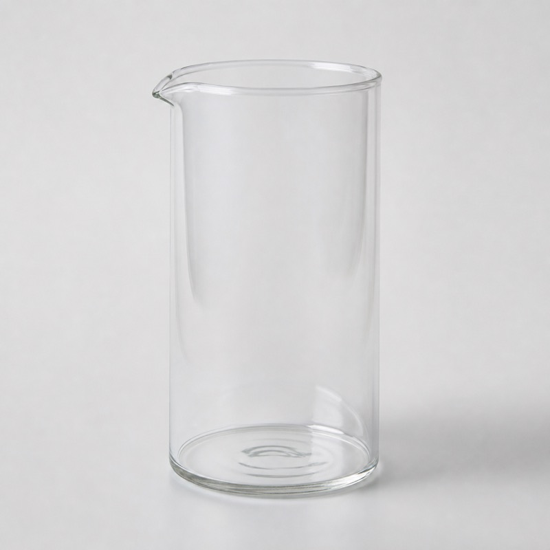 Clear glass press beaker standing empty without its frame