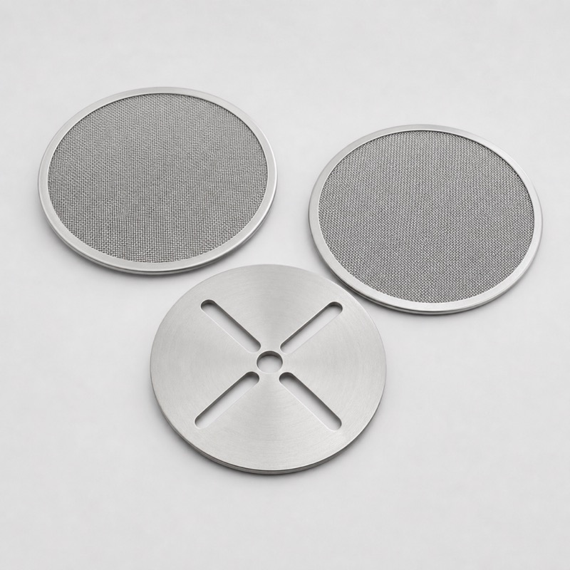 Two round steel mesh discs and a cross plate laid out flat