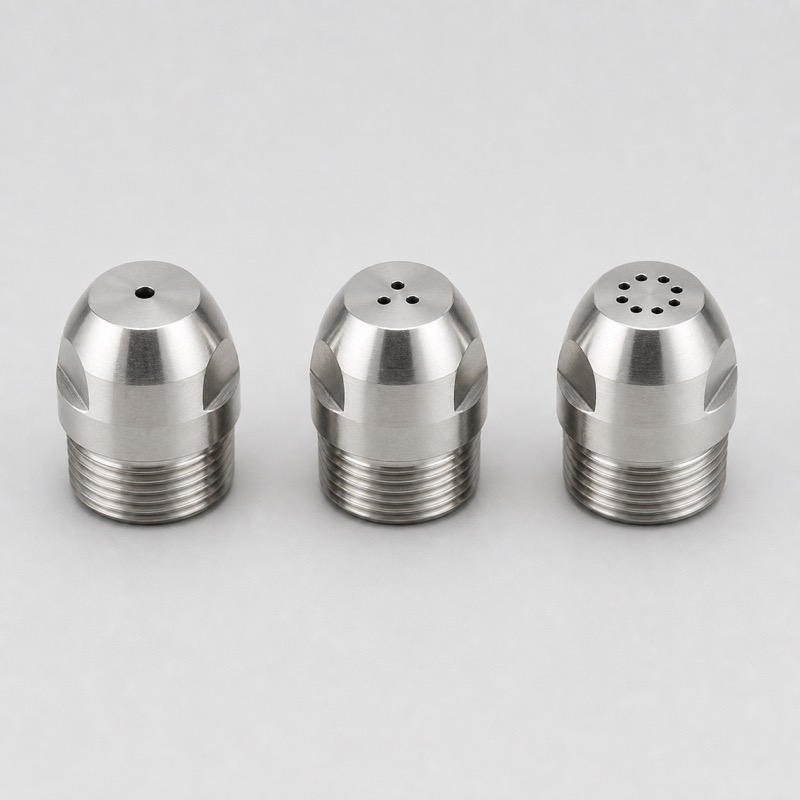 Three small stainless steel steam wand tips lying in a row, each with a different hole pattern