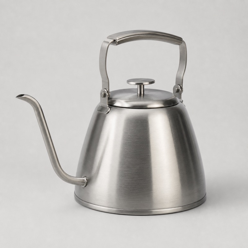 Brushed steel stovetop kettle with a long curved spout and a folding loop handle