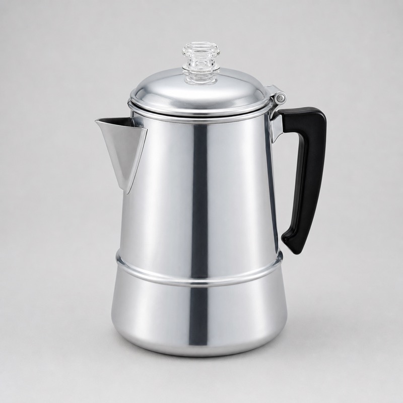 Aluminium stovetop percolator with a black handle and a domed lid