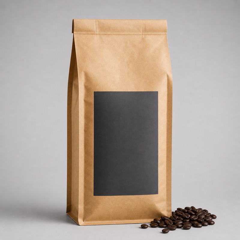Large brown kraft coffee bag with a dark label standing beside oily dark roasted beans