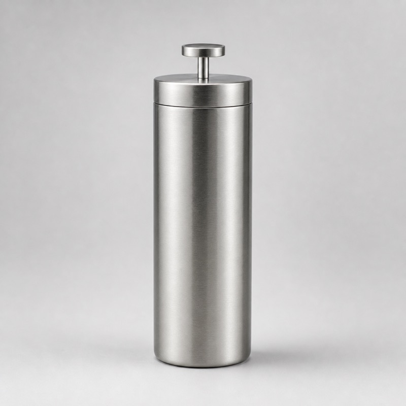 Slim brushed stainless steel travel press with a screw lid and a plunger knob on top