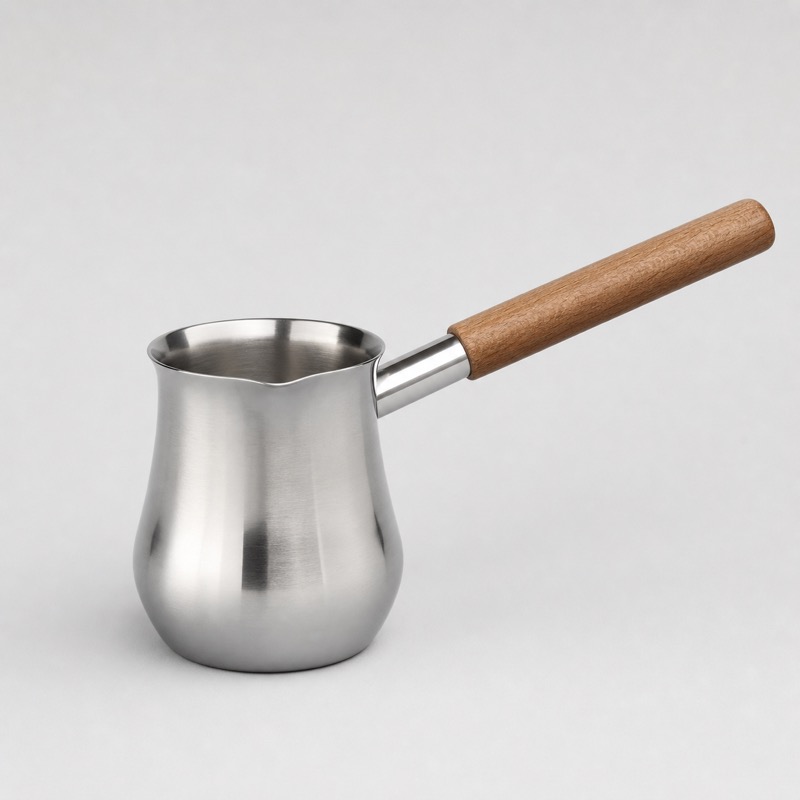 Stainless steel Turkish coffee pot with a narrow rim and a long handle