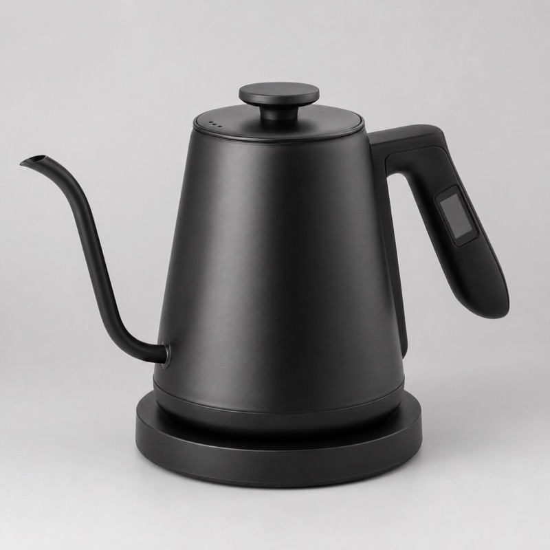 Matt black gooseneck kettle on a round base with a small display on the handle