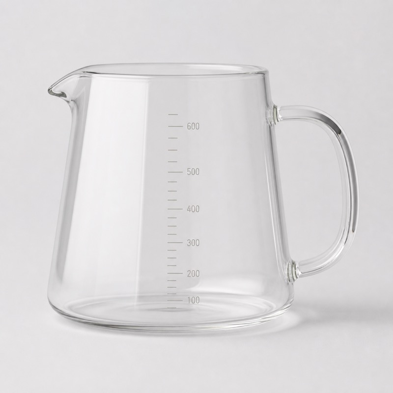 Verseuse en verre transparent avec graduations sur la paroi et anse en verre